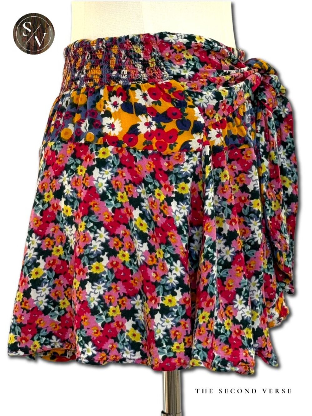 Patron of Peace Floral Tie Front Smocked Waist Mini Skirt Multicolored Medium - Picture 2 of 8